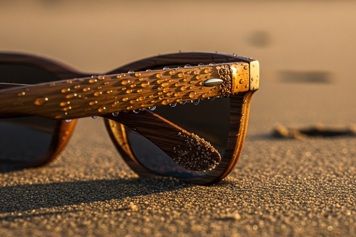 Water beading on wood sunglass temple resting on beach sand — Cali Life Co durable finish