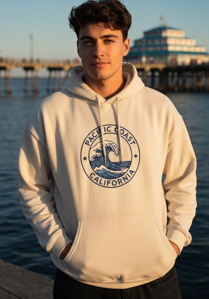 Pacific Coast Wave Badge Hoodie — Men's front view. Cali Life Co. California apparel, designed in San Diego