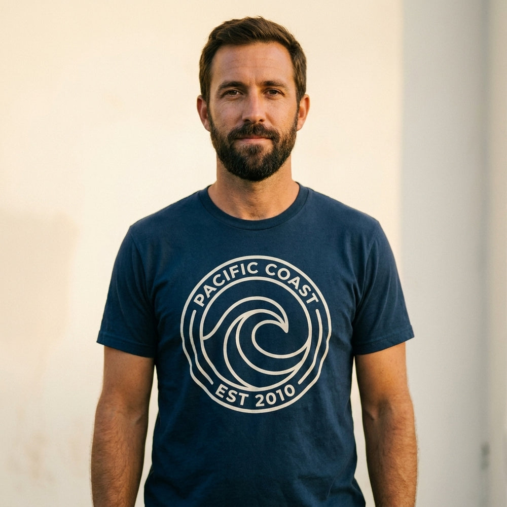 Pacific Coast Wave Badge Tee front view. Cali Life Co. California apparel, designed in San Diego
