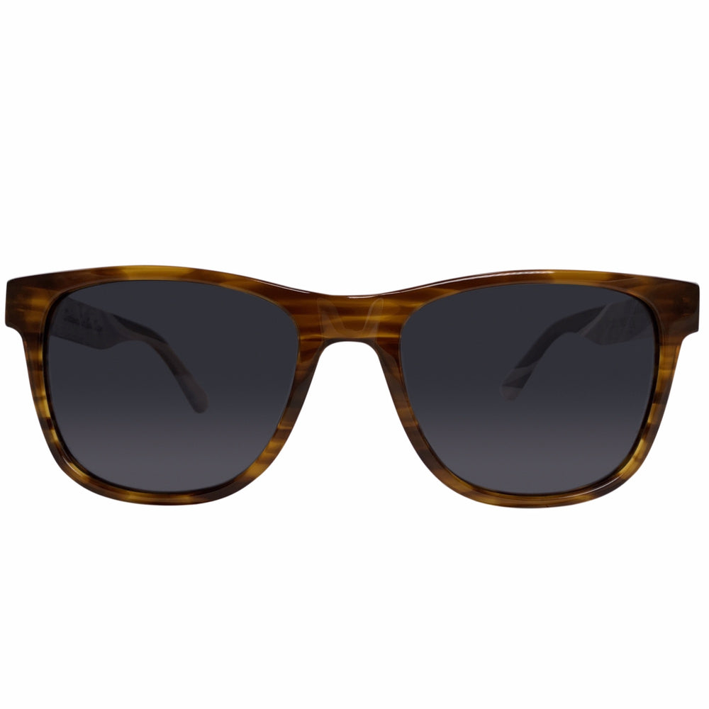 Huntington Beach polarized UV400 sunglasses by Cali Life Co, front view showing walnut wood frame and lens detail