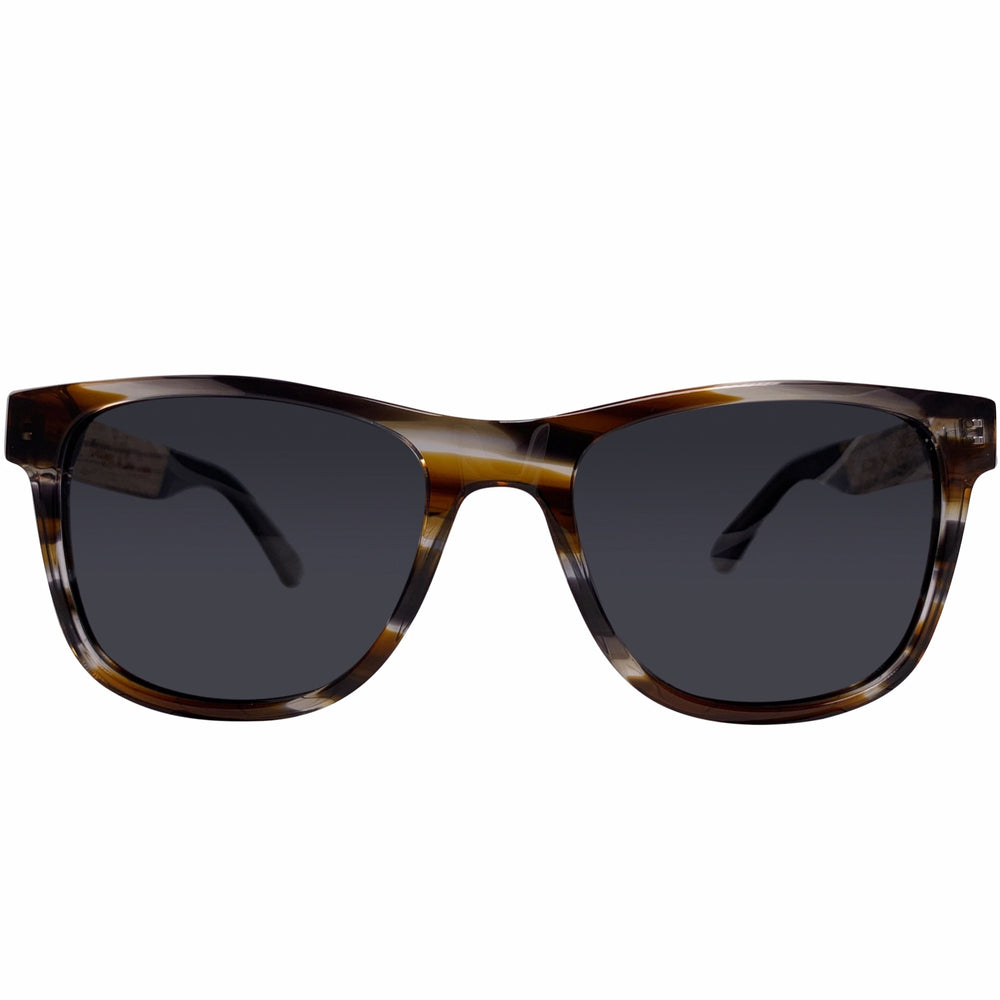 Eagle Peak polarized UV400 sunglasses by Cali Life Co, front view showing plant-based acetate with wood-grain temples frame and lens detail