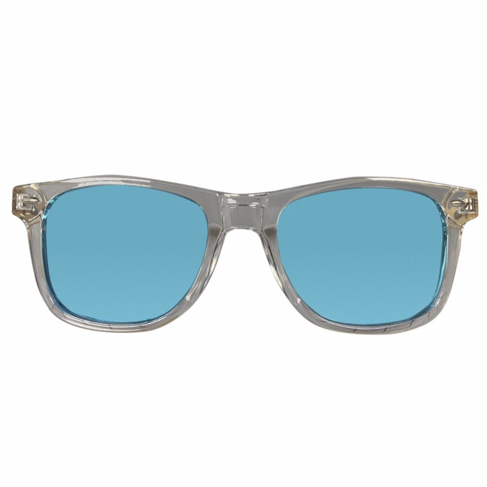 Malibu sunglasses front view, clear acetate frame with turquoise polarized lenses, Cali Life Co