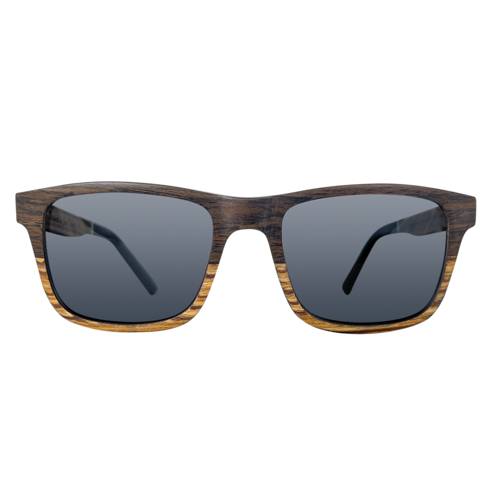 Joshua Tree polarized UV400 sunglasses by Cali Life Co, front view showing layered walnut and black oak frame and lens detail